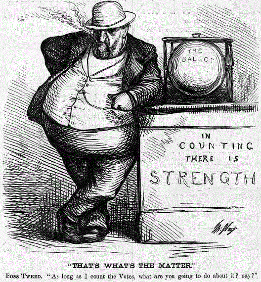 1870 Cartoon of Boss Tweed saying he can win if he counts the votes